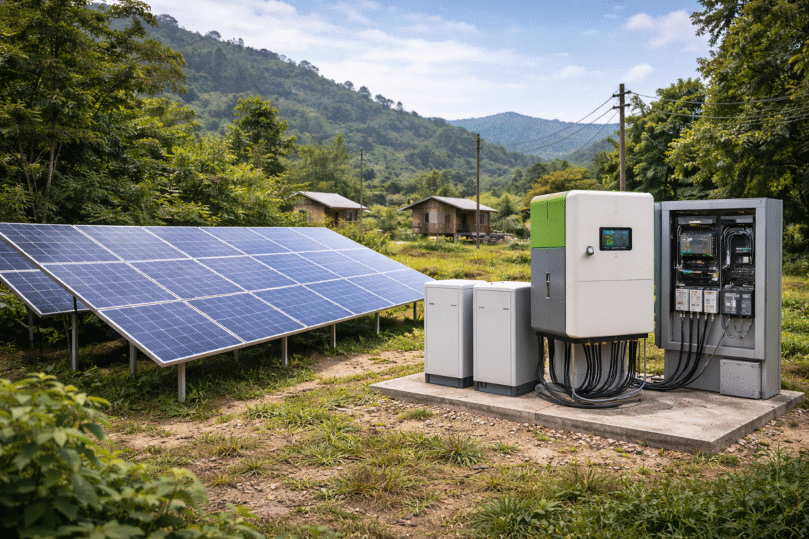 Aprenda como projetar um sistema solar off-grid completo com arquitetura técnica passo a passo: painéis, baterias e dimensionamento.