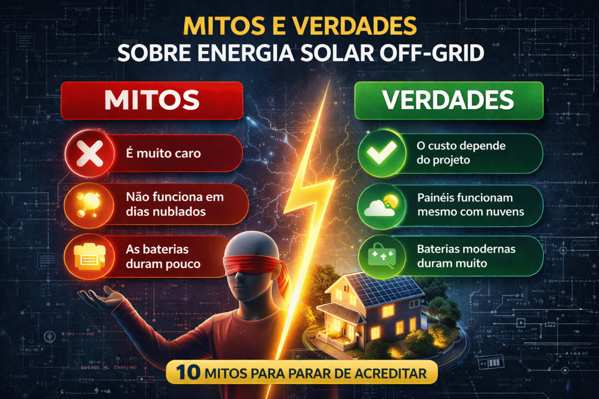Descubra 10 mitos sobre energia solar off-grid e entenda o que é verdade antes de investir nesse sistema e buscar autonomia energética.