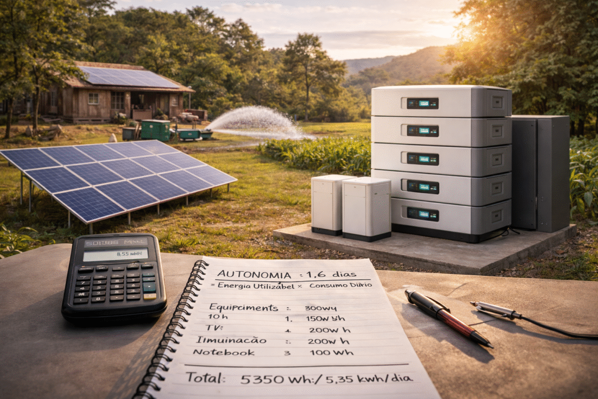 Aprenda como calcular corretamente a autonomia de um sistema solar off-grid com fórmulas, exemplos práticos e dicas técnicas.