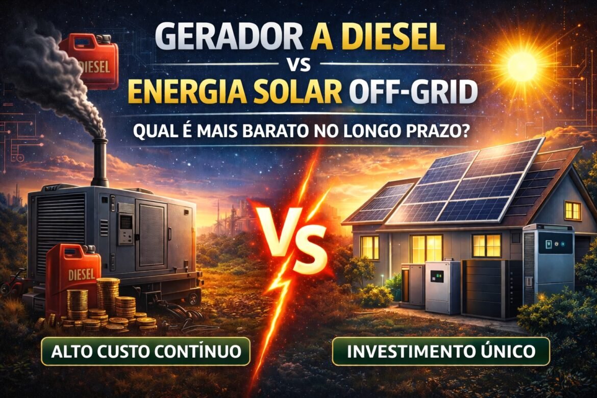 Gerador a diesel vs energia solar off-grid: descubra qual é mais barato no longo prazo com comparativo de custos, manutenção e retorno do investimento.