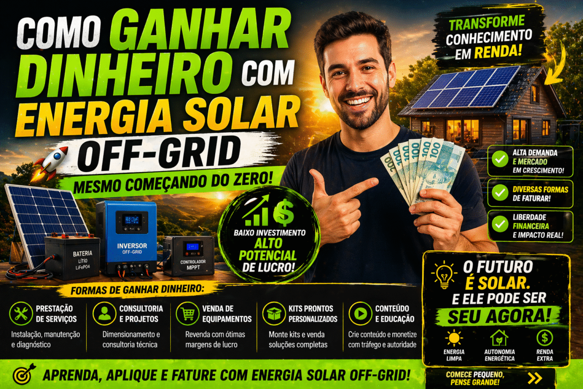 Descubra como ganhar dinheiro energia solar off-grid com serviços, consultoria, revenda e projetos completos — mesmo sem experiência prévia.