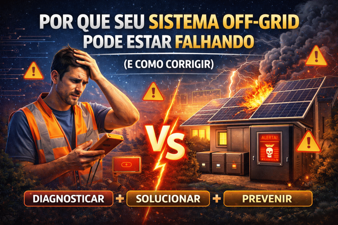 Conheça os principais problemas sistema off-grid, como falhas de baterias, dimensionamento e inversor, e descubra como corrigir eles.