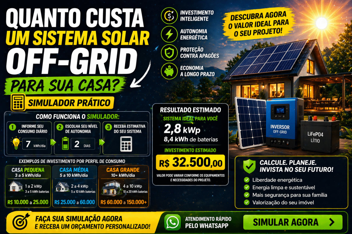 Descubra o custo sistema solar off-grid para sua casa com este simulador prático. Veja estimativas de consumo e o que influencia o preço.