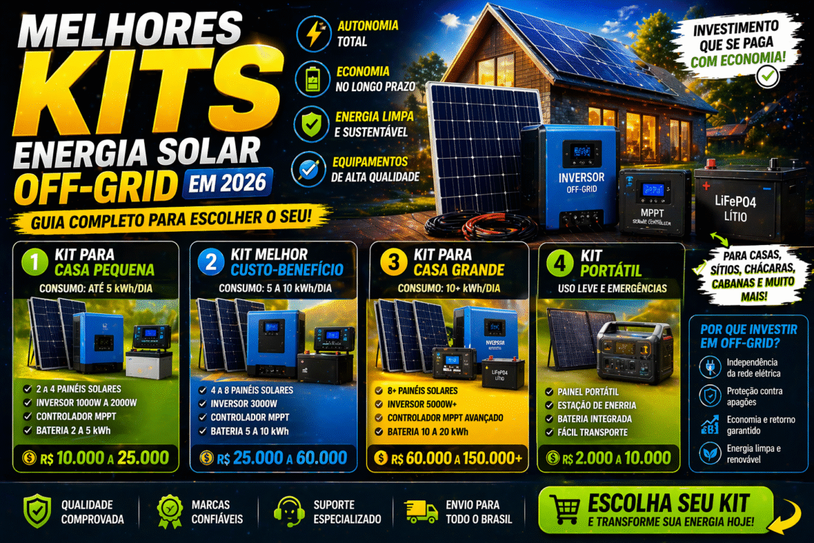 Conheça os melhores kits solar off-grid em 2026 e qual escolher para sua casa ou projeto com base em custo-benefício, desempenho e aplicação.