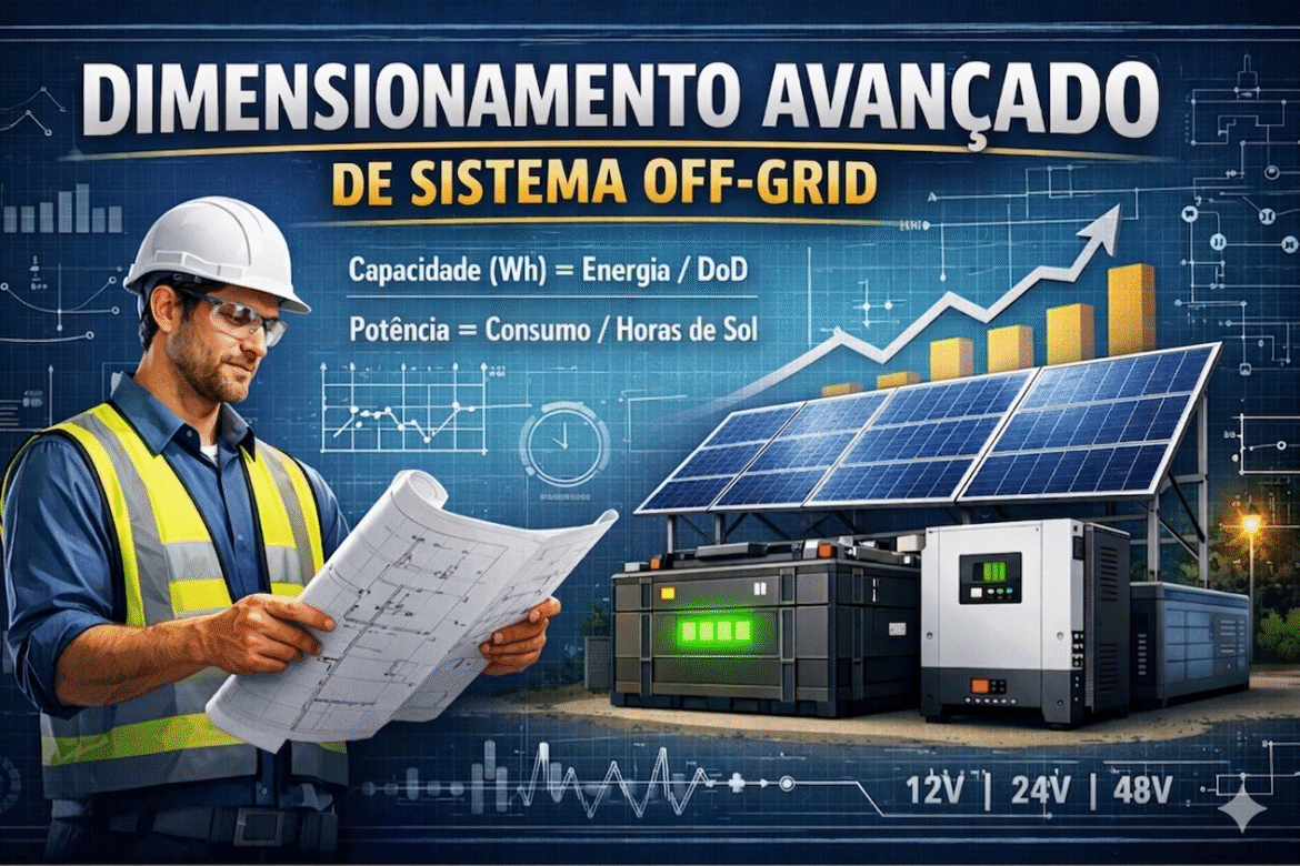 Aprenda como fazer o dimensionamento de sistema solar off-grid com cálculos reais, fórmulas técnicas e boas práticas de engenharia.