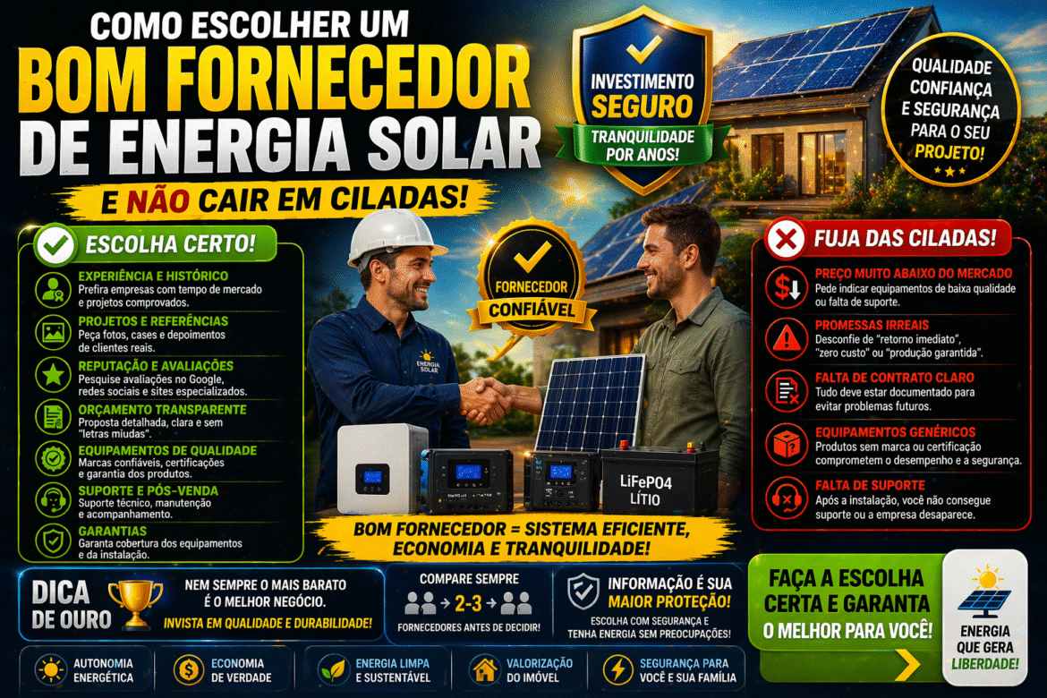 Saiba como escolher um fornecedor energia solar confiável, quais critérios avaliar e como evitar erros que geram prejuízo no seu projeto.