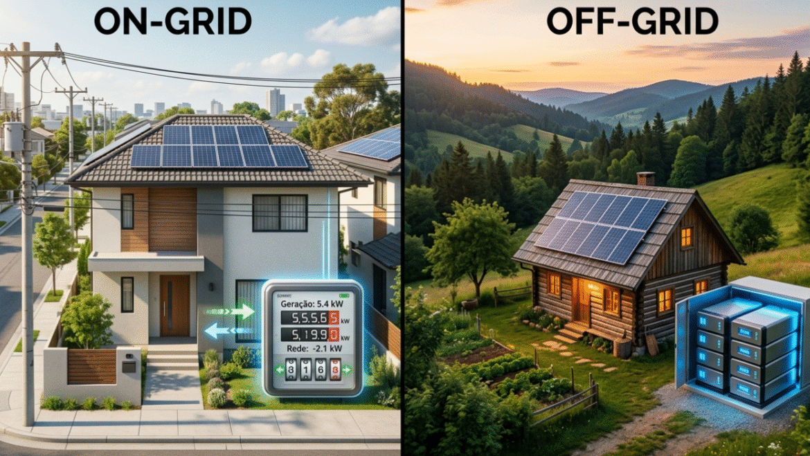 Entenda a diferença entre energia solar on-grid e off-grid em 2026, conheça as inovações do setor e qual garante sua independência energética.