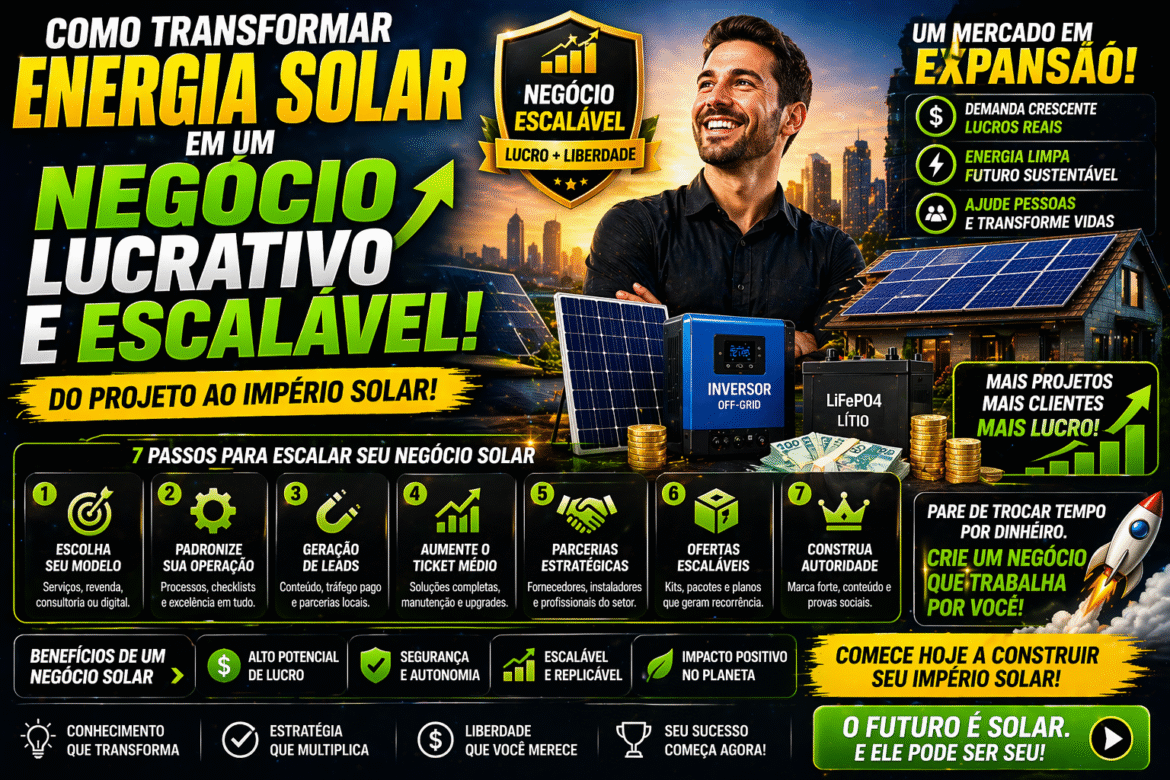 Descubra como transformar energia solar em negócio lucrativo e escalável com práticas, modelos de crescimento e etapas para sair do zero.