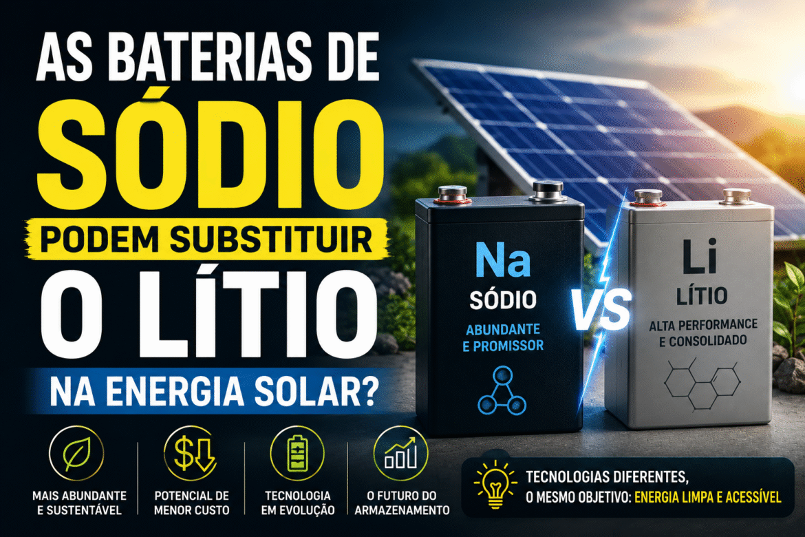 Entenda a diferença das baterias de sódio vs lítio, vantagens de cada tecnologia e se o sódio pode substituir o lítio nos sistemas off-grid.