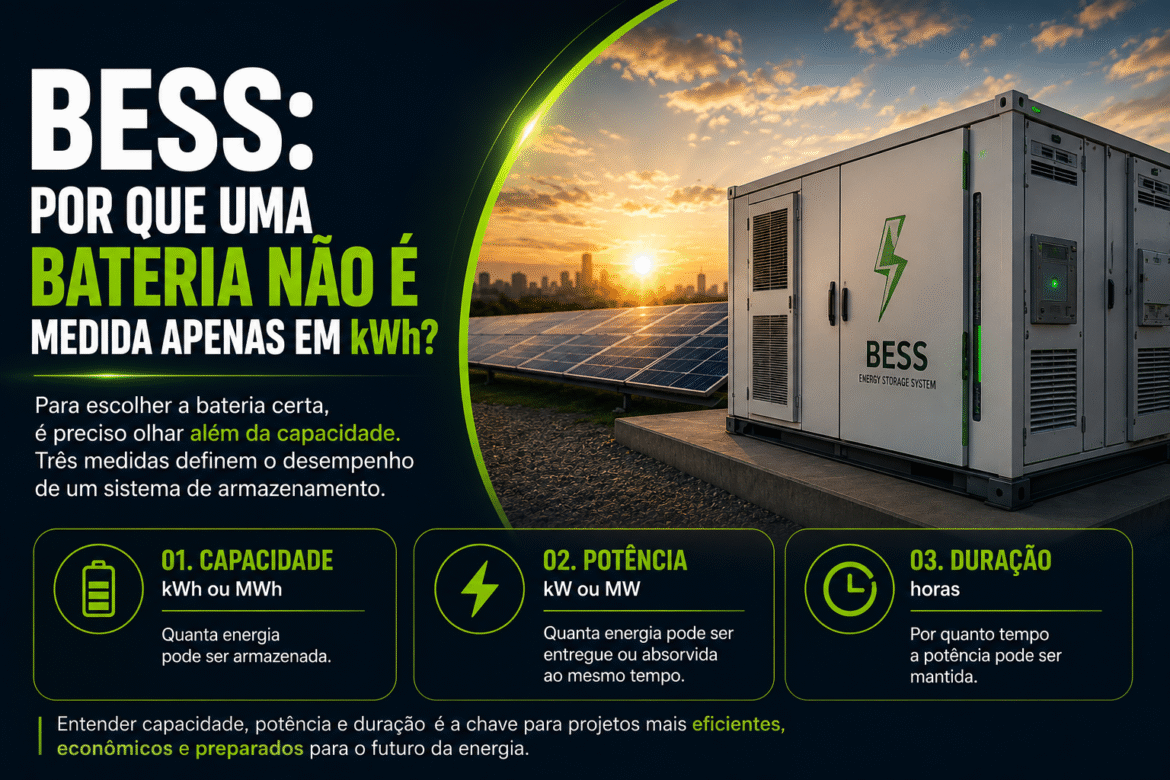 O que é BESS energia solar, diferença de capacidade, potência e duração e como baterias tornam a geração fotovoltaica flexível e estratégica.