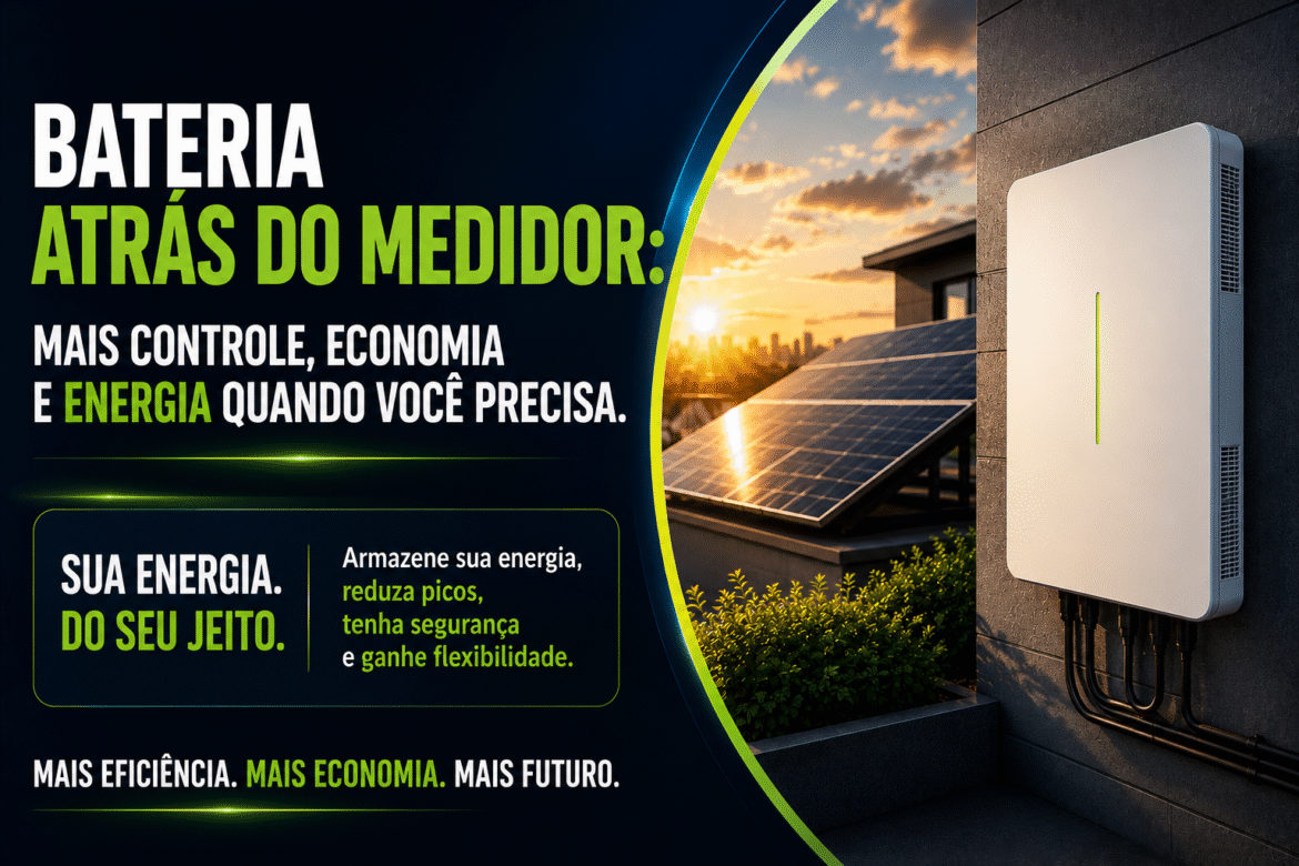 Entenda o que é bateria atrás do medidor, como funciona com energia solar e por que o armazenamento será estratégico para consumidores.