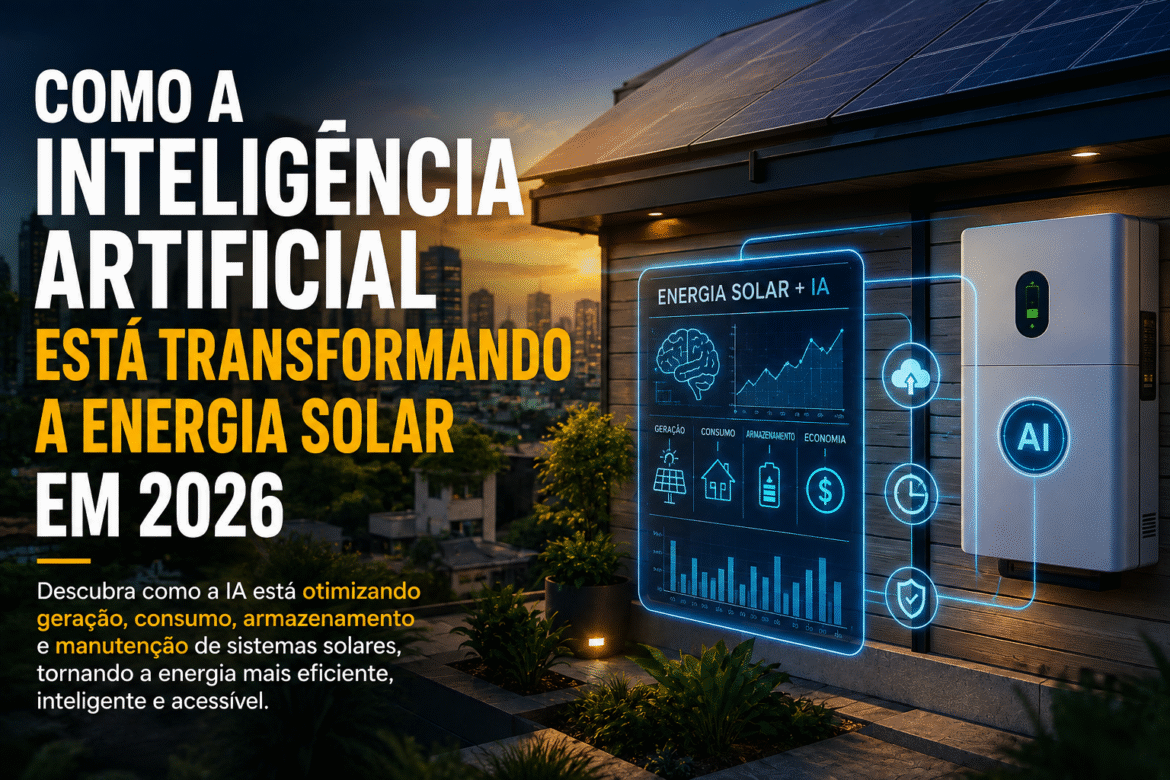 Descubra como a inteligência artificial na energia solar transforma previsão de geração, manutenção preditiva, baterias e gestão do consumo em 2026.