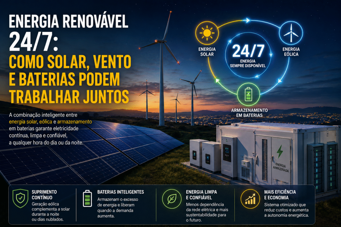 Entenda como a energia renovável 24/7 combina solar, vento, baterias e redes para fornecer eletricidade limpa de forma mais contínua.