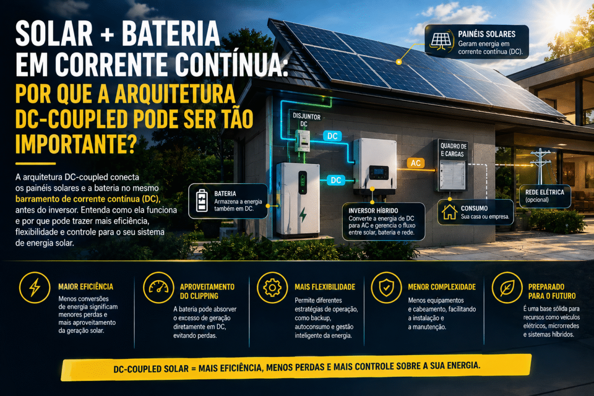 DC-coupled solar: entenda como painéis e baterias compartilham a infraestrutura, aproveitam excedentes e integram armazenamento à usina.