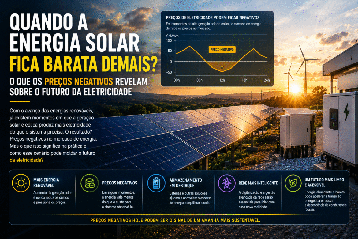 Entenda os preços negativos de energia, sua relação com a expansão solar e por que baterias e flexibilidade serão cada vez mais importantes.